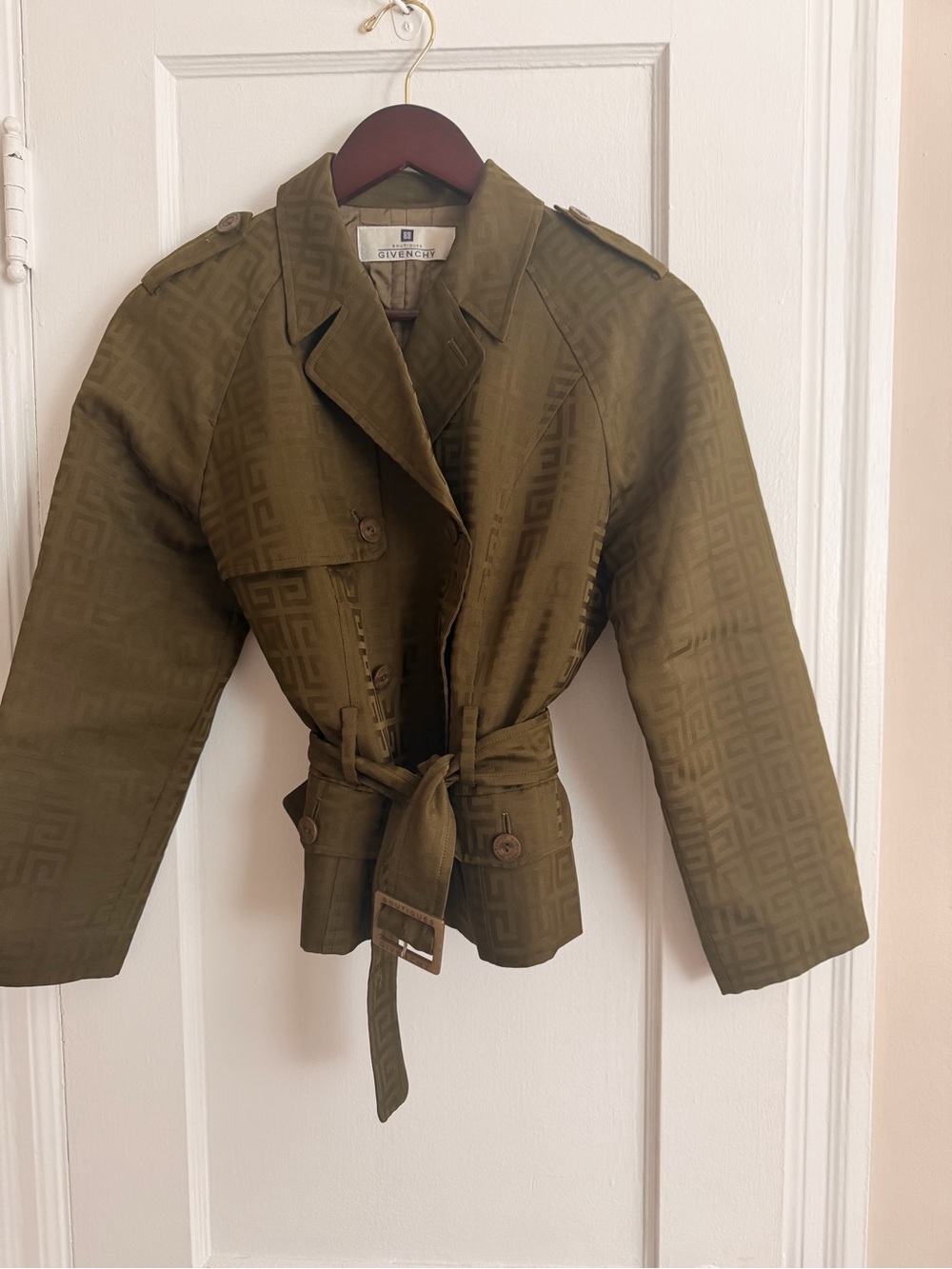 Vintage Givenchy Olive Green Belted  Cropped Trench Coat Jacket
